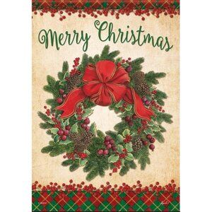 Holly Wreath Christmas Garden Flag Holiday Party Banner Red Berry Winter Decor